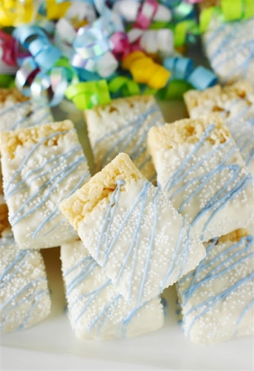Baby Shower Food - White Chocolate Dipped Rice Krispie Treats