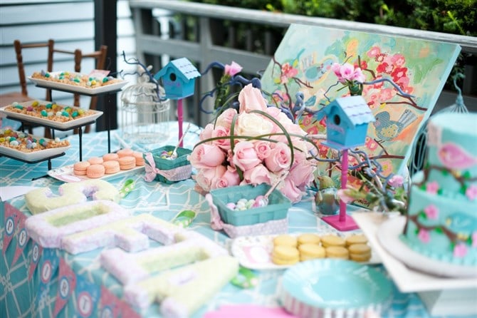 Kids Birthday Party Ideas - Cherry Blossom And Birds Dessert Table