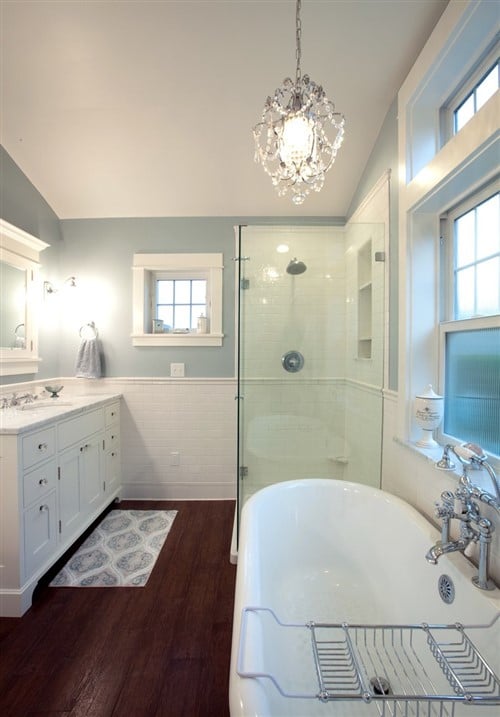 Bathroom Decorating Ideas - Wood Floors And White Wainscoting